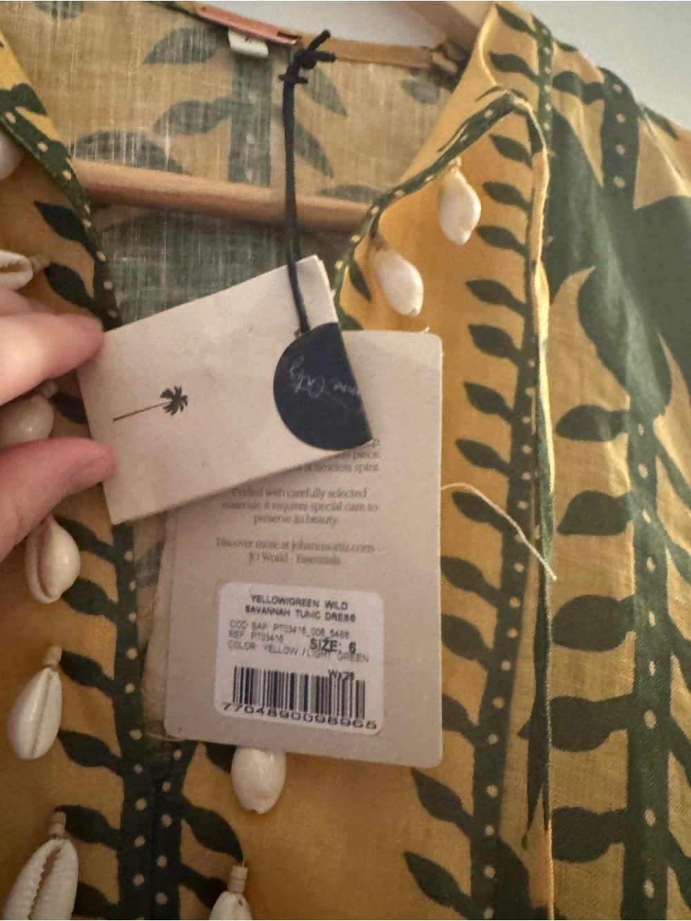 Johanna Ortiz - Women's Yellow & Green Printed Tunic Dress - Shell Button Detail - Picture 7 of 7
